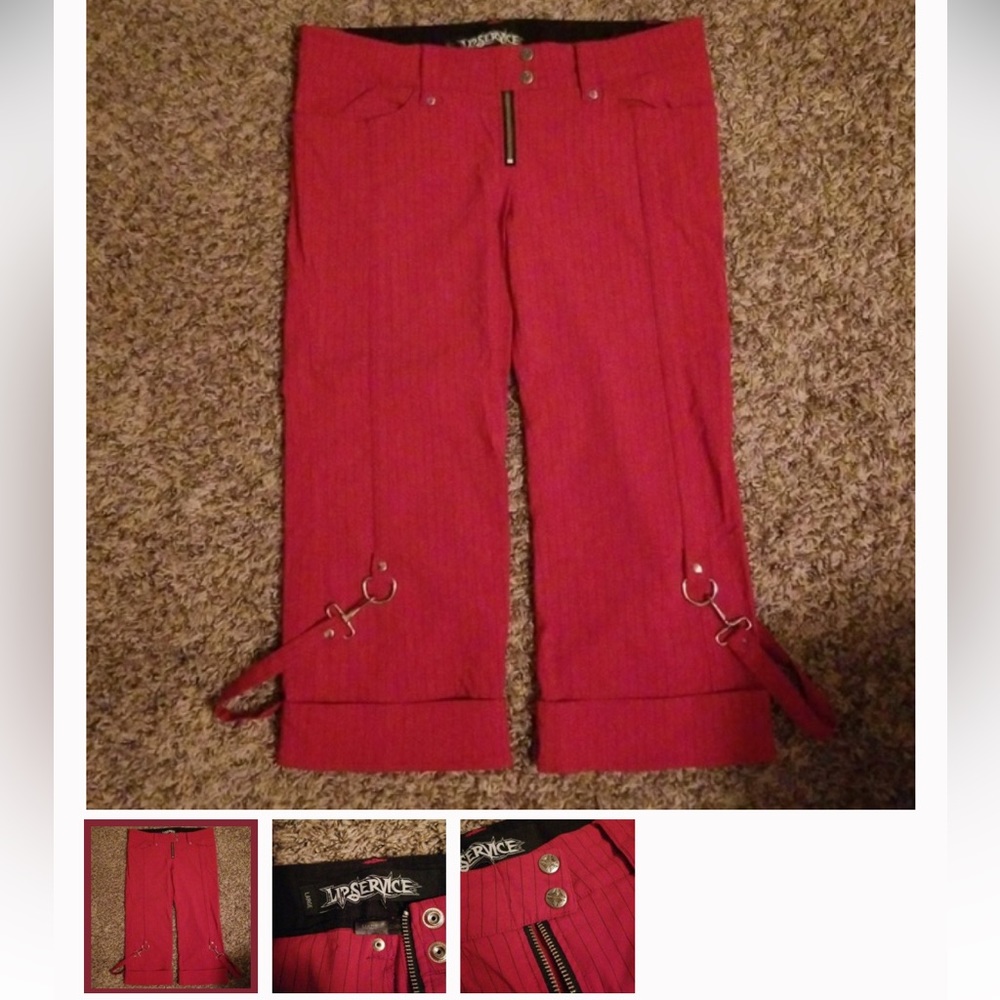 CRIMSON RED Gangsta Pranksta vintage NEW Lip Service bondage pinstripe capris XL